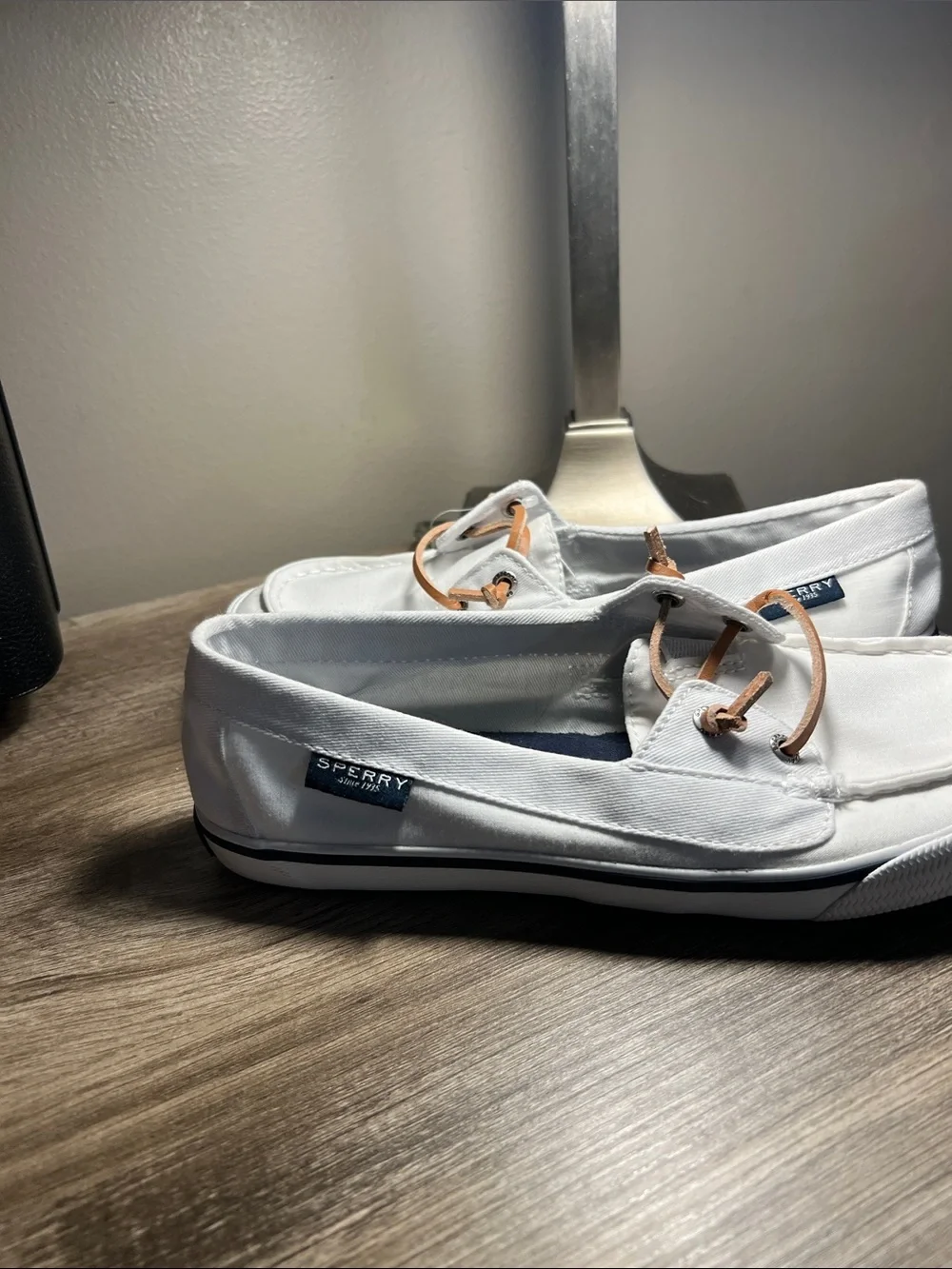 Sperry White Canvas Deck Shoes with Tan Laces—stock (04)